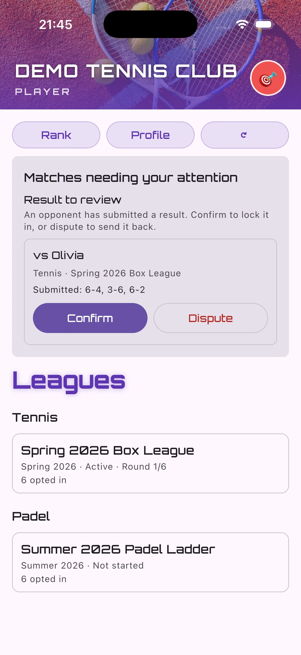 Racket Leagues home screen with active leagues