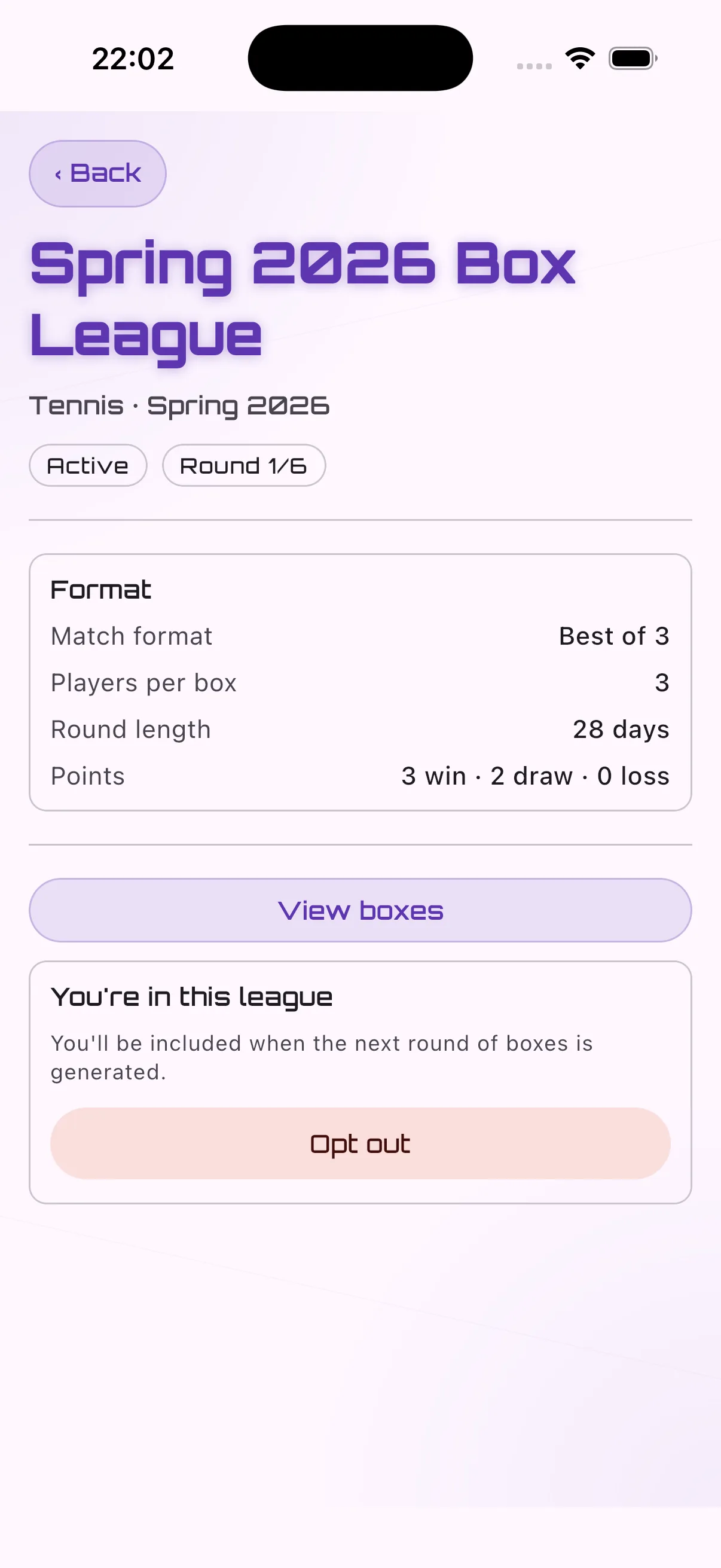 League detail screen — round progress and boxes