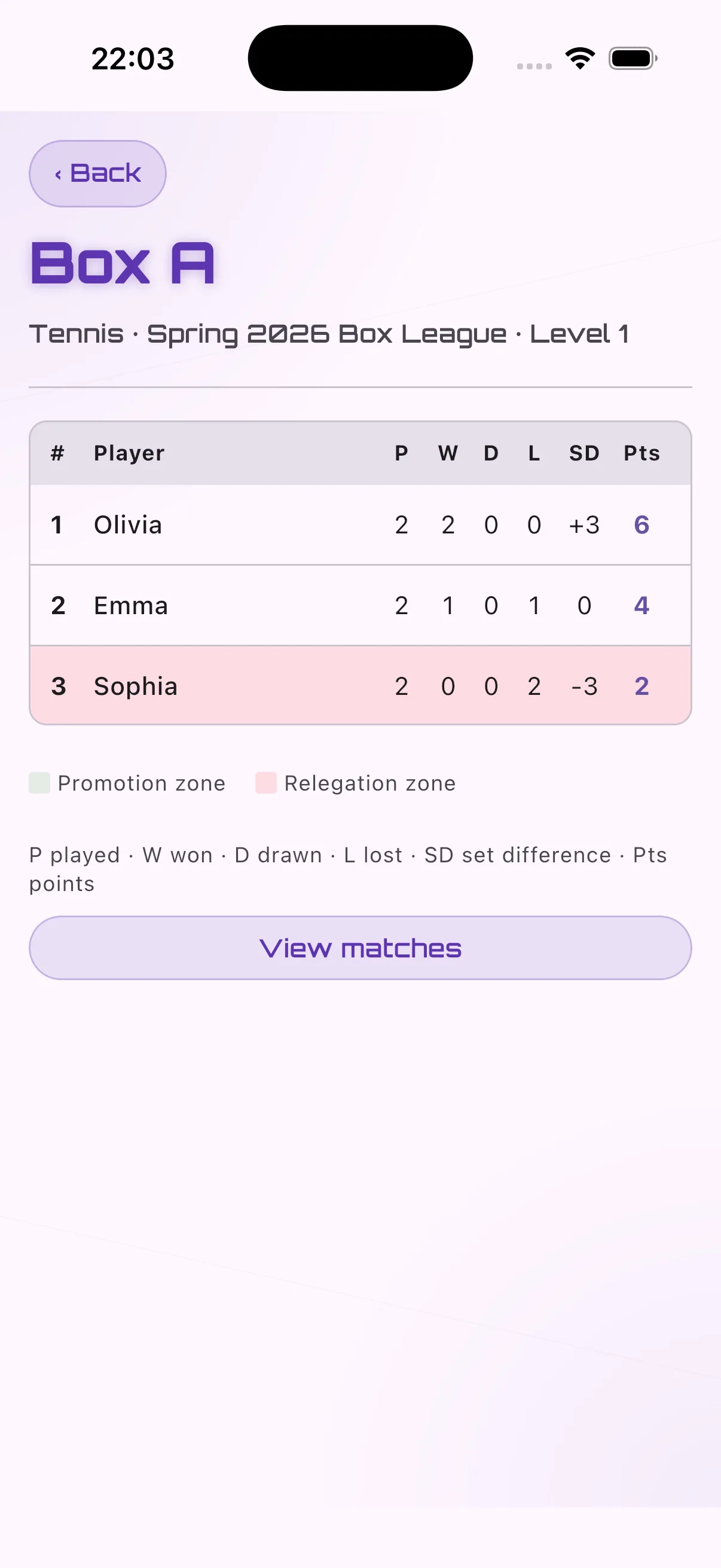 Box standings with promotion and relegation bands