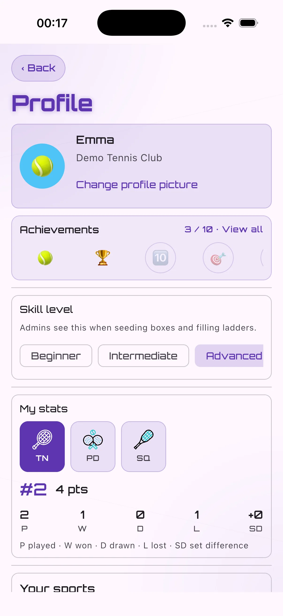 Player profile with stats and sports