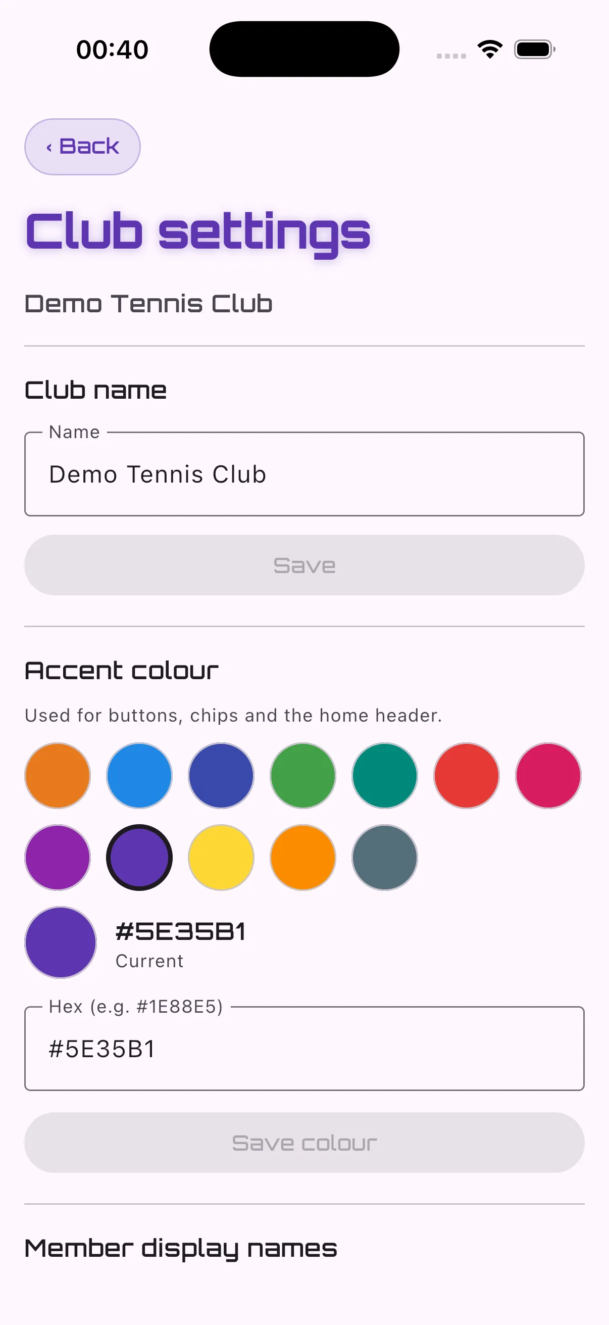 Club settings — branding, sports, scoring