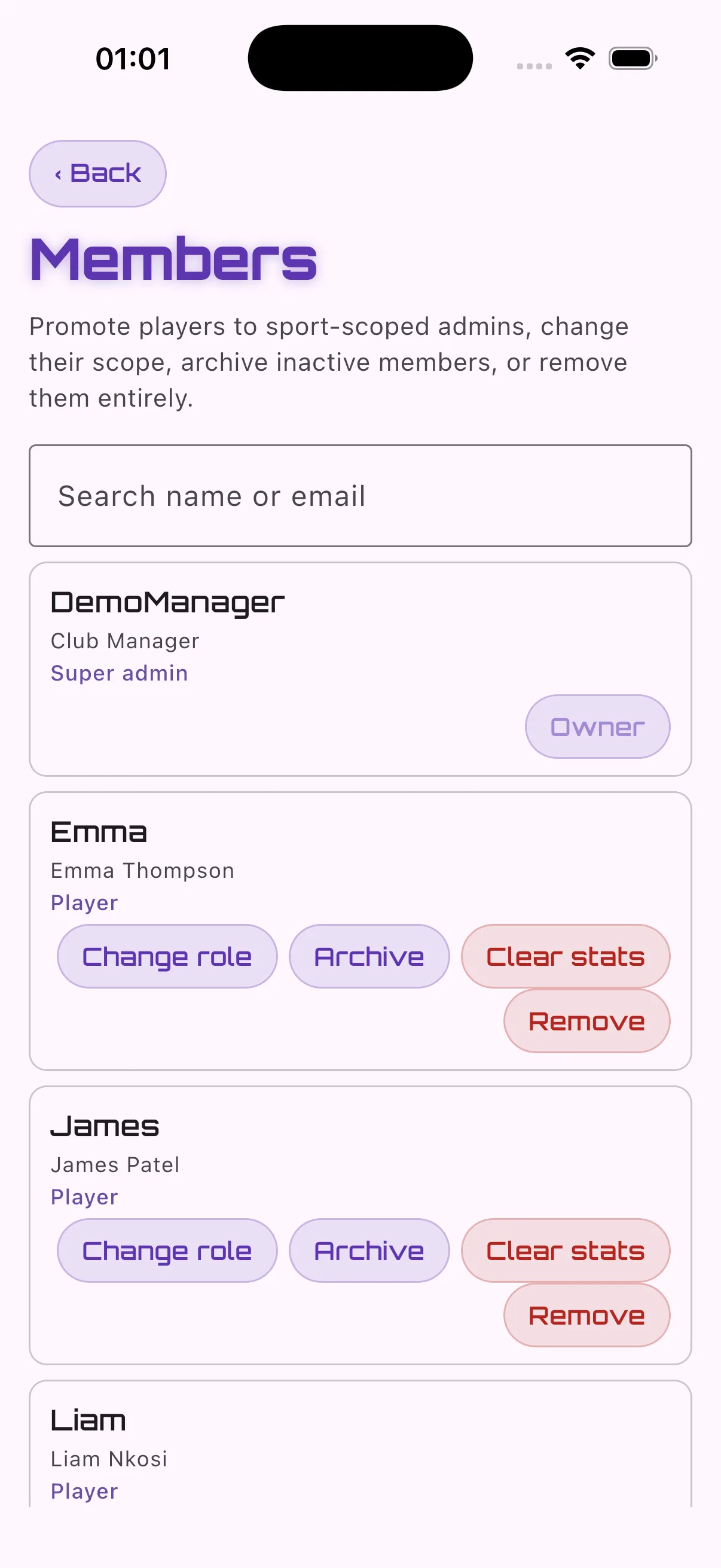 Club members list with roles
