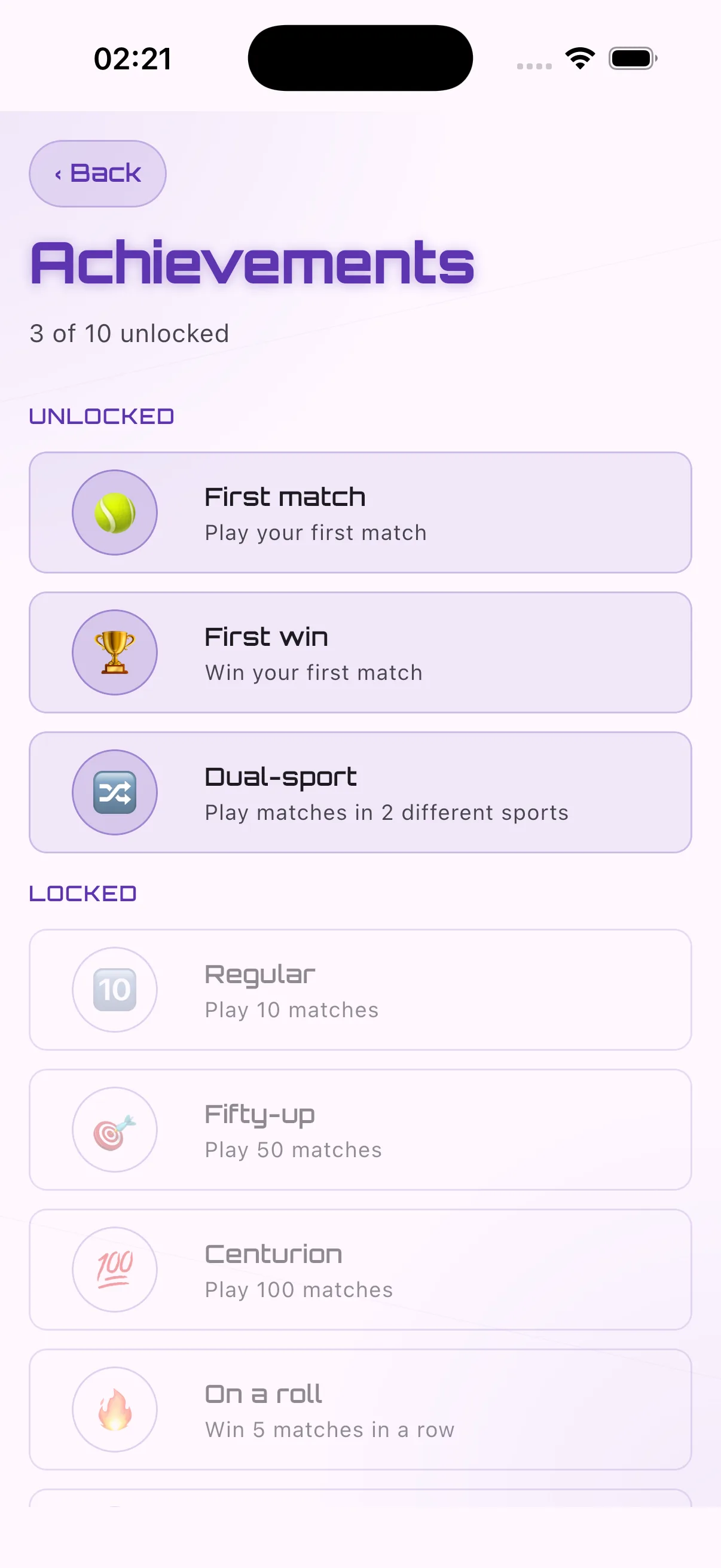 Achievements — unlocked and locked list